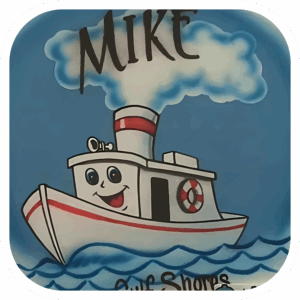 The Tuggin' Along Airbrushed Tee is an original design featuring a red & white cartoon boat on the water with steam coming from the top against a blue background.