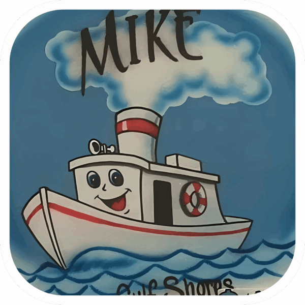The Tuggin' Along Airbrushed Tee is an original design featuring a red & white cartoon boat on the water with steam coming from the top against a blue background.