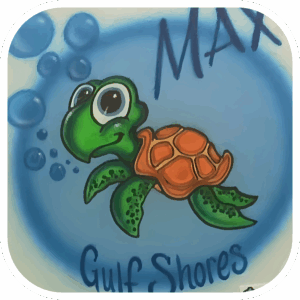 Image of Cartoon Turtle with bubbles & blue background with the name Max & the city Gulf Shores written in Blue.
