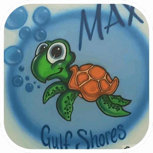 Image of Cartoon Turtle with bubbles & blue background with the name Max & the city Gulf Shores written in Blue.