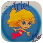 Image of Cartoon Mermaid with blue background, the name Ariel, and the the city of Gulf Shores written in Purple
