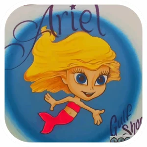 Image of Cartoon Mermaid with blue background, the name Ariel, and the the city of Gulf Shores written in Purple