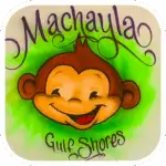 Image of a smiling monkey face against a green background with the name Machayla & the city, Gulf Shores.