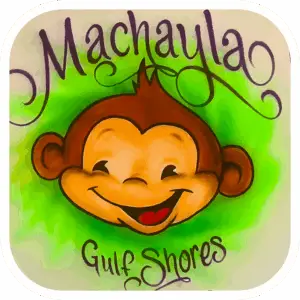 Image of a smiling monkey face against a green background with the name Machayla & the city, Gulf Shores.