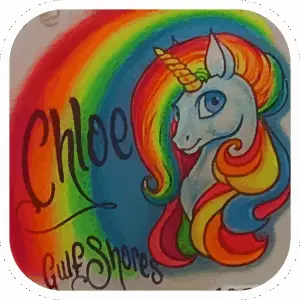 Image of a Unicorn with a rainbow mane with the name Chloe & the city of Gulf Shores.