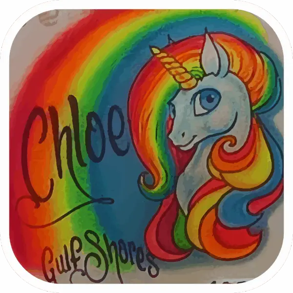 Image of a Unicorn with a rainbow mane with the name Chloe & the city of Gulf Shores.